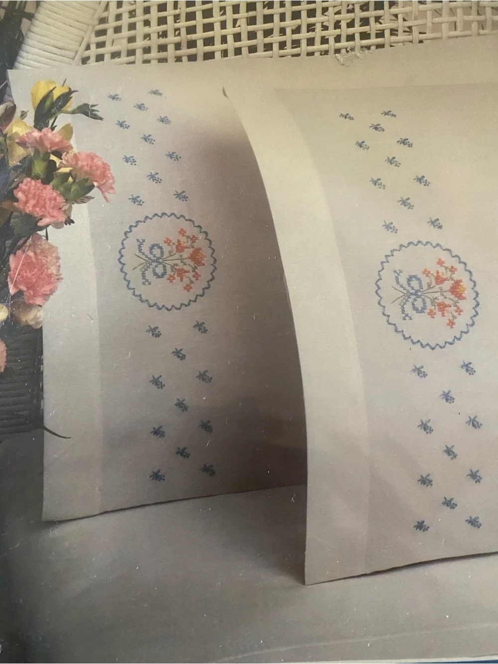 Vogart Crafts Embroidery Pillowcase Pair - White with Blue Text